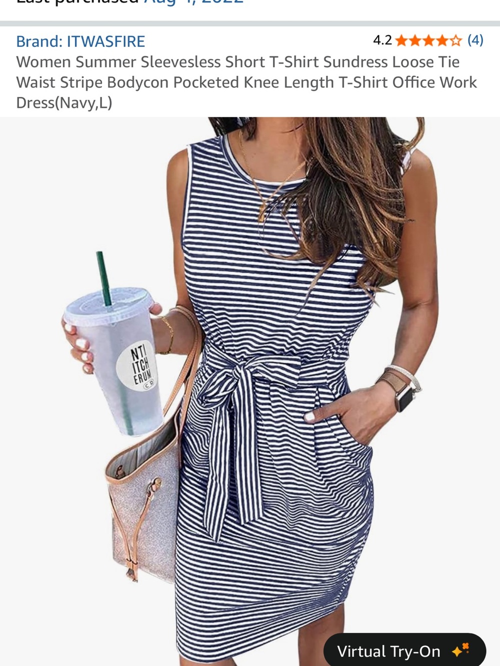 Sleeveless Navy and White Striped Tie-Waist Dress